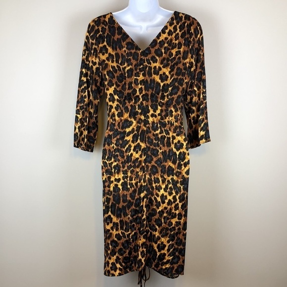 Zara Ruched Leopard V-Neck 3/4 Long Sleeve Bodycon Satin Textured M Mini Dress - Picture 6 of 16